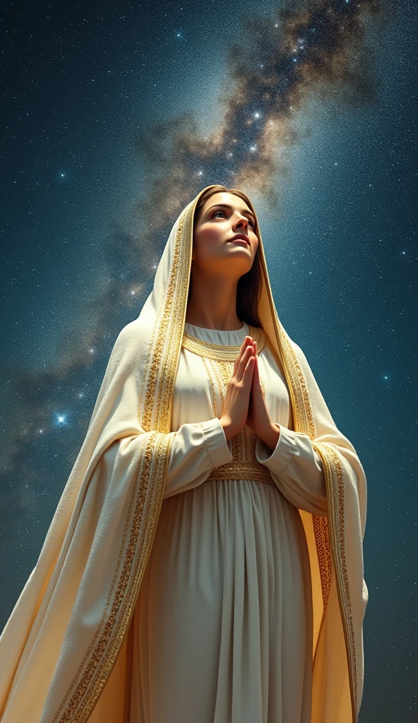 (((Virgin Mary. 19 Orinetic Style))) ((( With a serious and reverent look. With a sweet and gentle look))) (masterpiece, Superior Quality, Highest quality, Official Art, Beautiful and aesthetic: 1.2), (One person), Very detailed, (Fractal Art: 1.3), colorful, Most detailed, Perfect Face, Upper Body, High resolution, (pray: 1.3), (Gold lines on a white coat: 1.2), Milky Way, (Stripes of light), Eye-catching visuals, (Dynamic Stripes, Path of Light: 1.2), Bright colors,
