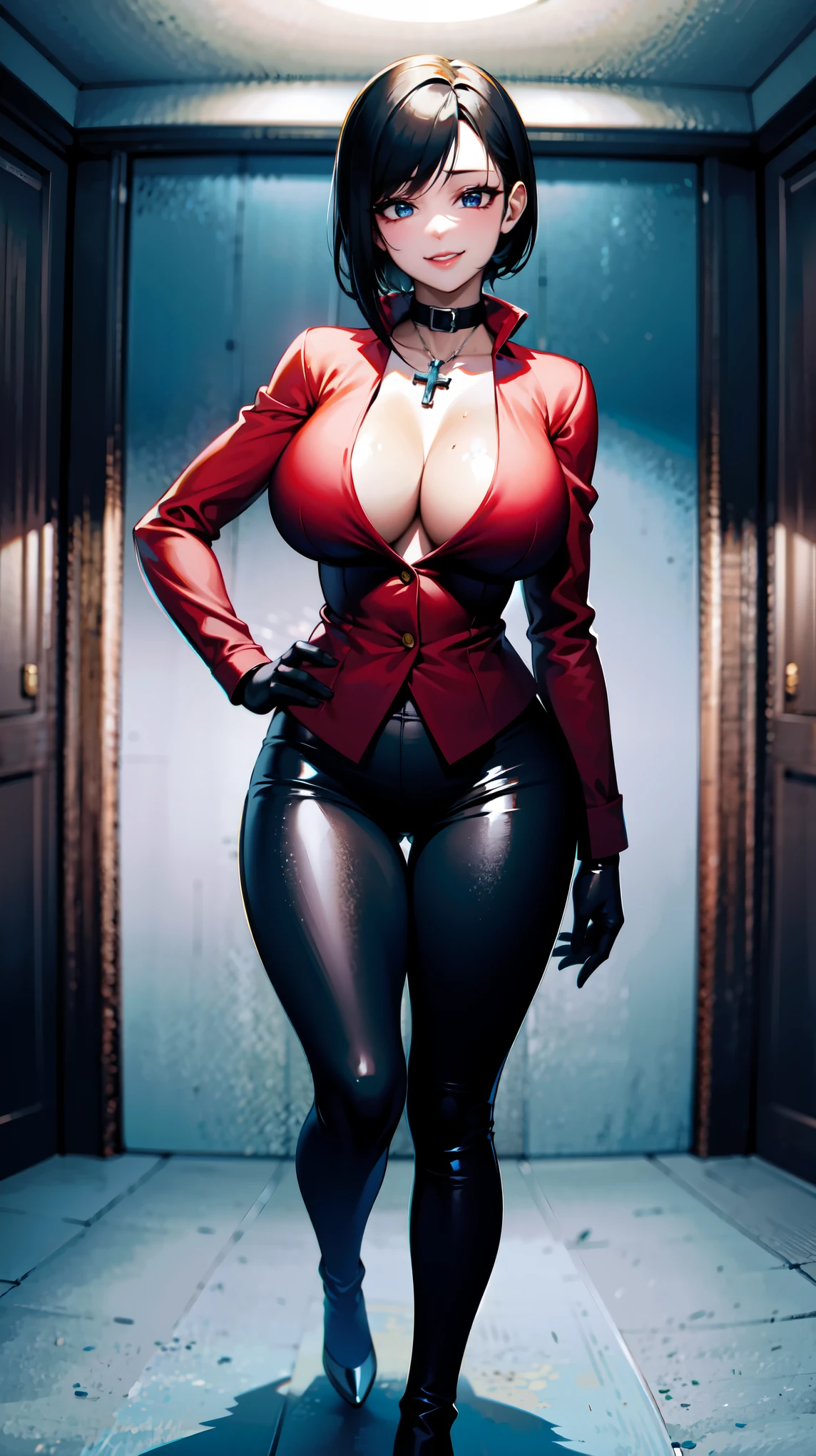 ((super high quality,Ultra-high resolution,4K,8k,super masterpiece,Ultra HD))Dimly lit room,Full body photo,((A sexy mature woman,)),((popped collar Red shirts,(Sleeves folded back to the elbow,(Long black gloves)),Black pants with a glossy finish,Black long boots),Tight collar,)Black hair straight short,Sharp Eyes,Open chest,Cleavage,slouch,Place one hand on hip,Provocative smile,Necklace with a cross,sexy,