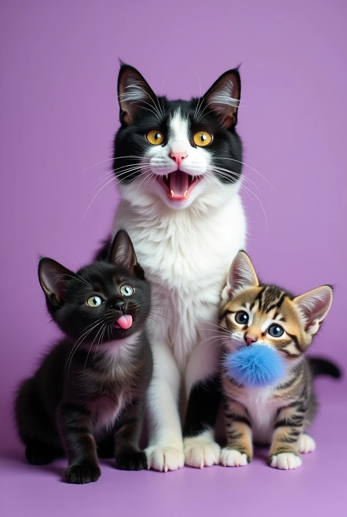 Drawing of 3 cats looking at the camera with a purple background. One large cat in the middle, black and white with a pink nose, looking happy, and her two kittens on either side. (One black and white kitten with a pink nose and another lead-colored kitten with a blue fuzz in its mouth)