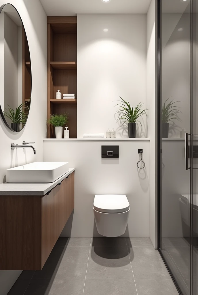 Design me a modern office half bathroom. On the right side of the sink goes the toilet. The floor is gray and I would like you to play with white, gray and wood brown colors.