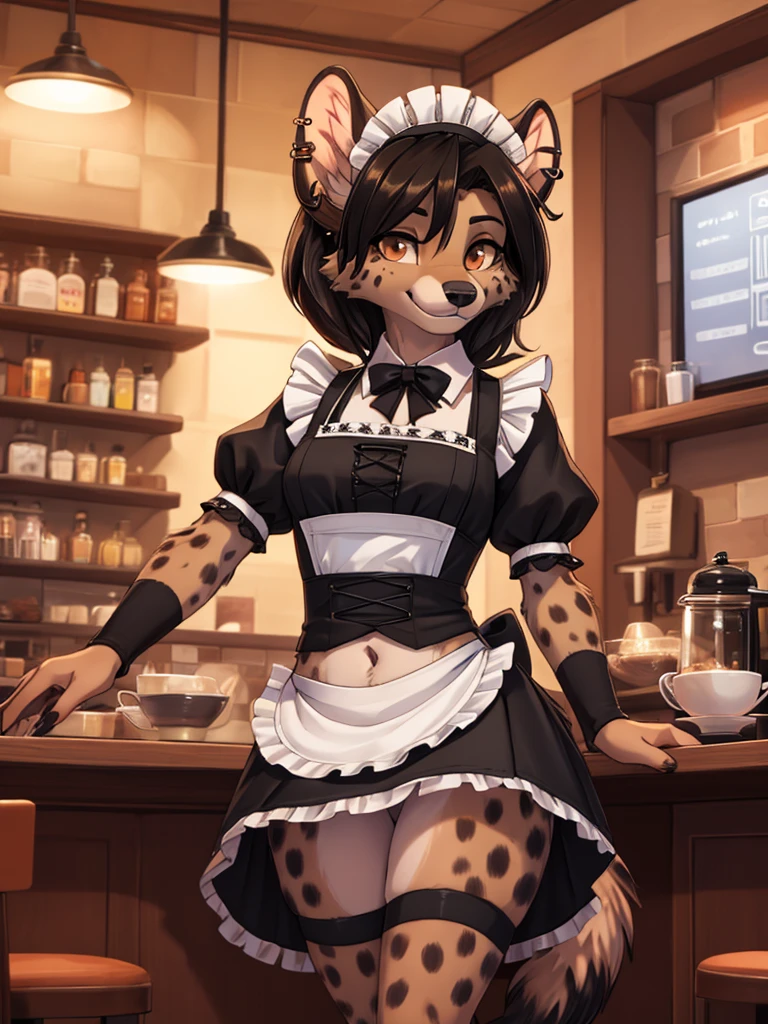 a female anthro furry hyena girl, black hair, hyena spots, black hands and feet, brown eyes, high definition_detail:1, showing off her beautiful figure and her outfit. (Maid navel blouse, maid mini skirt)sweaty body add_details:1, smiling add_detailsl:1, ear piercing add_detail:1, beautiful and detaileds hands, fullbody, in a coffeshop, sensual pose