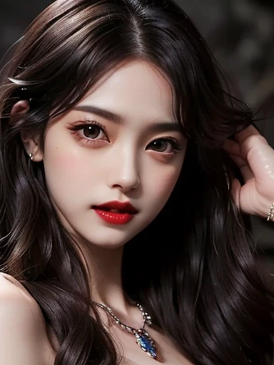 ((masterpiece、Highest quality、Super Fine、High resolution、Realistic、Sharp focus、Cinema Lighting))、((1 female、Bust Shot))、Beautiful female vampire portrait mouth wide open, Expose very long fangs.、Crystal amethyst eyes、Red lips、Pale face、Long Wavy Hair、Very black hair、Elegant Dresses、Detailed hand drawing、View your viewers, Shen
