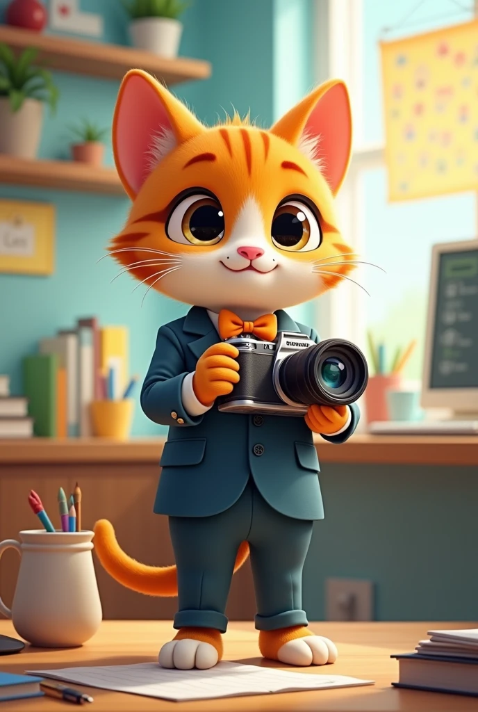 ((masterpiece,best quality, detailed)), Cat,cute,Cartoon,full-body shot,Hold the camera,Personification,Suit,bow tie,Photographer image,Cat摄影师,in office