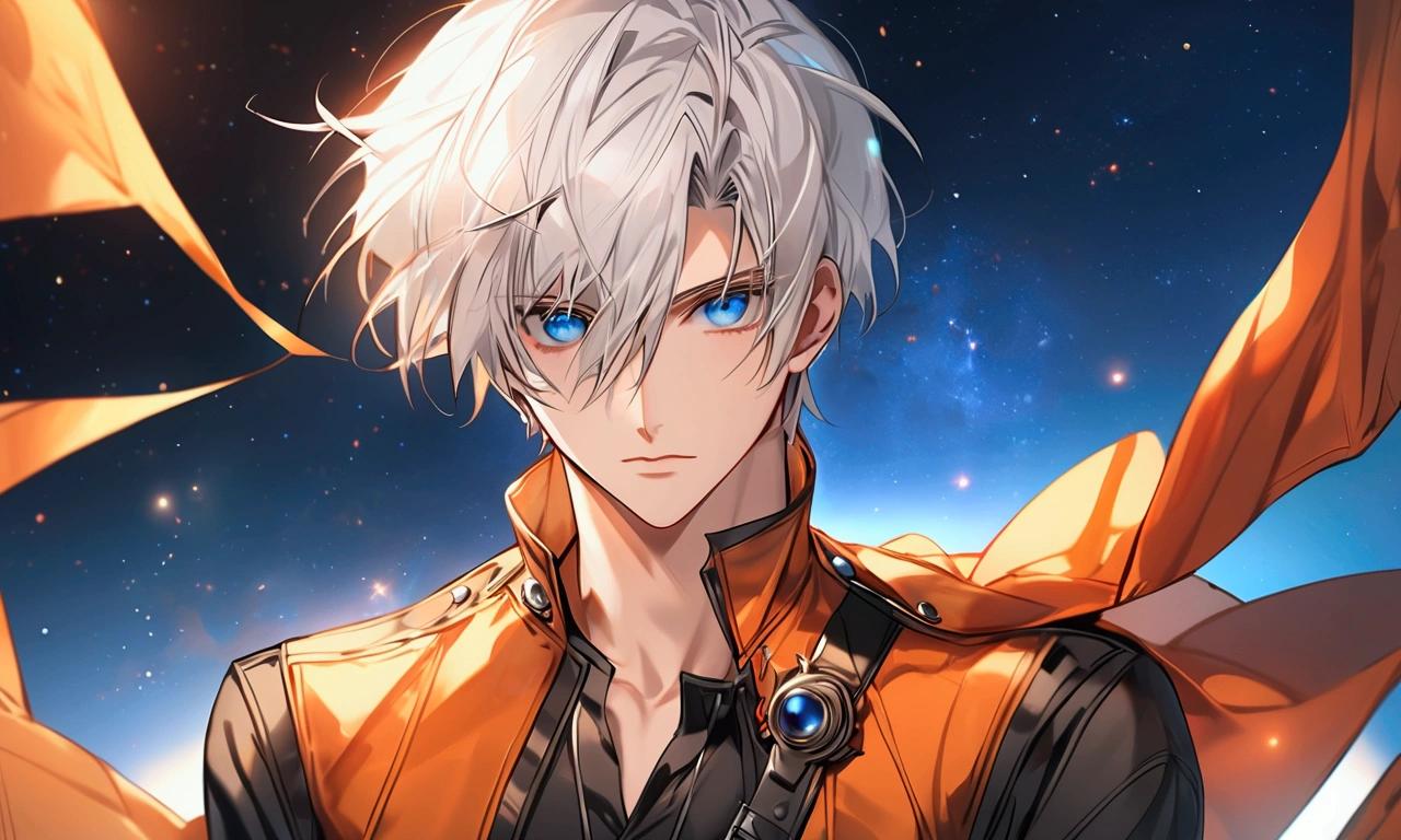 High quality, HD, 4k, handsome male, 1male, , teenager, golden lining, short white hair, sharp eyes, blue eyes, deep blue eyes, devil may cry, close up, calm expression, stoic expression, orange leather clothes, black leather clothing, lean body, upper body, looking at viewer, cowboy shot, white solar, space background