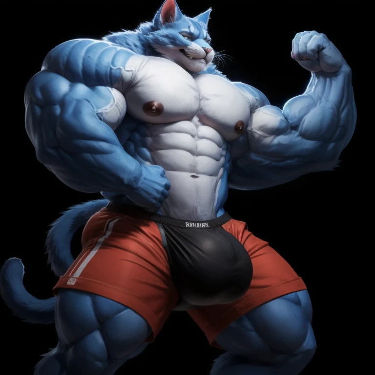 furry growth, big Bulge, hyper growth, hyper muscles,, a cat, cute, blue cat, shirtless, shorts, muscular, on a black background,