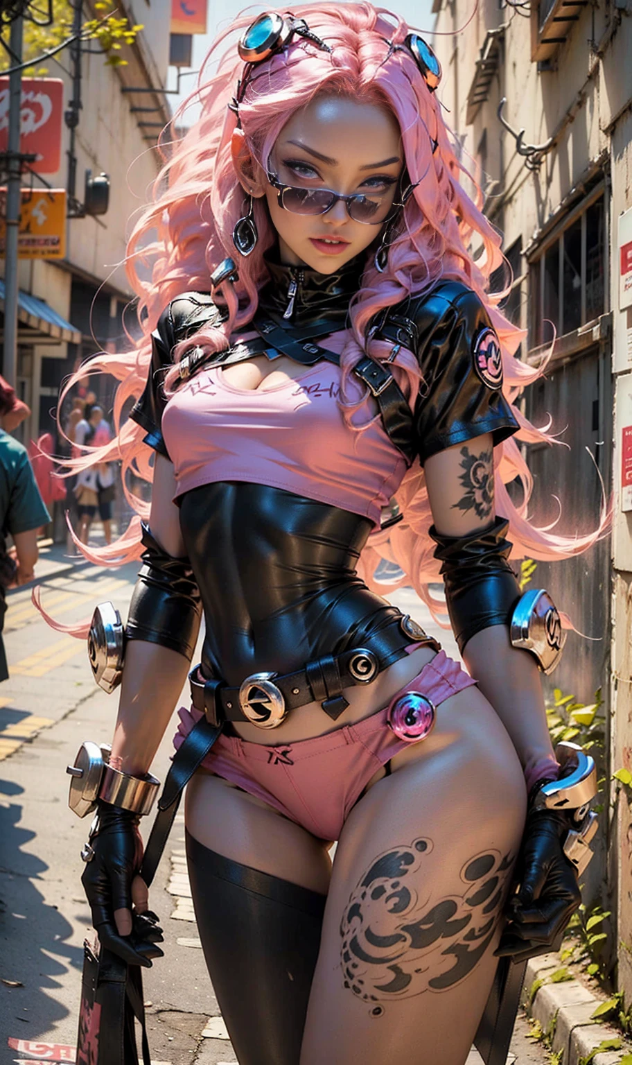 Beautiful woman with detailed defined body wearing Lufy cosplay, breasts small, LONG PINK HAIR, Black Underwear with Rings, BRACELETES, branch log, SEMINUA, pink  hair, leather pantyhose, in the middle of the street