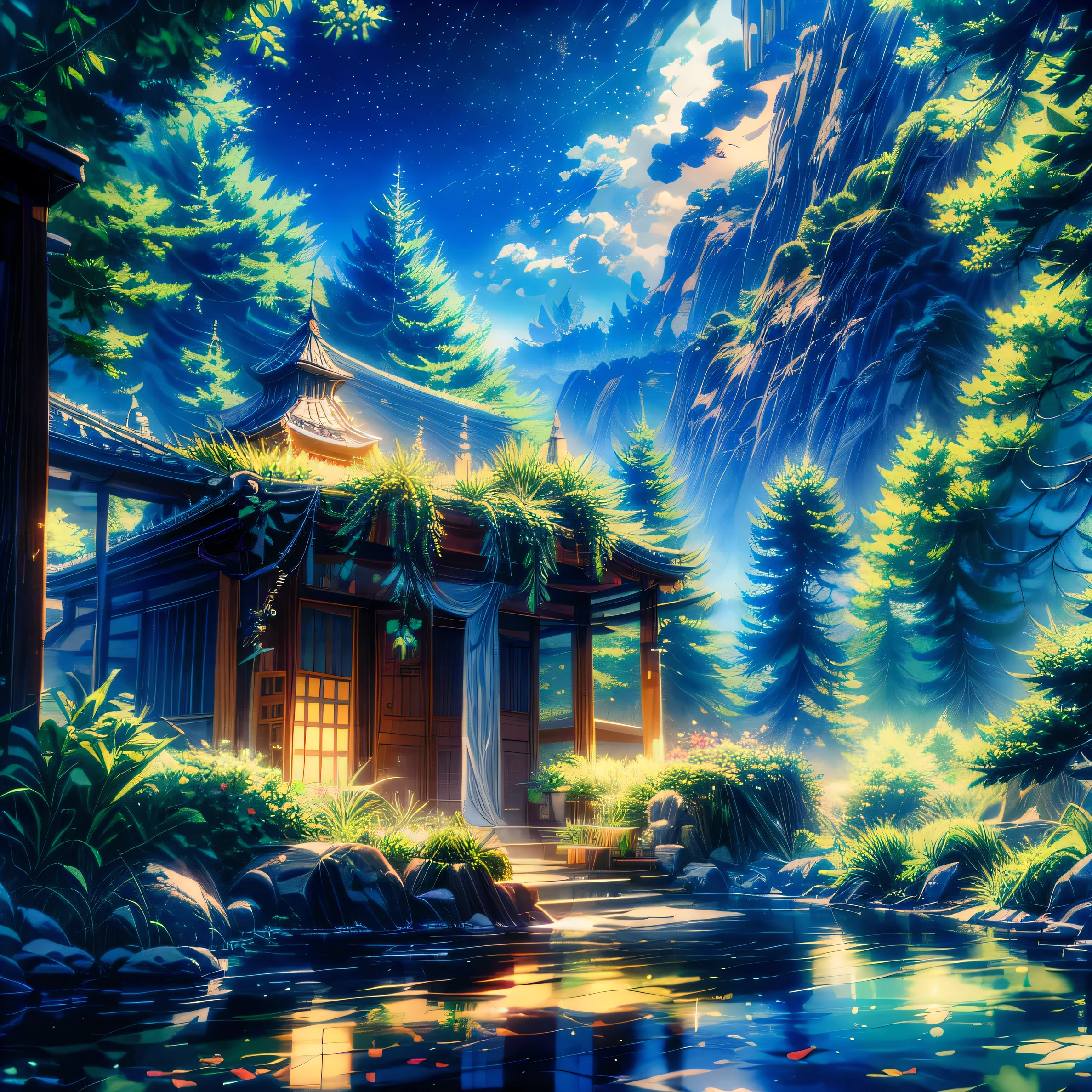 An ethereal floating island in space with soft, glowing crystals scattered across the surface. The sky is filled with swirling galaxies and nebulae, casting a gentle, colorful light over the island. A serene waterfall flows from the edge, disappearing into the starry void below. On the island, there’s a tranquil pond reflecting the cosmos above, surrounded by luminous plants and flowers. The atmosphere feels calm and peaceful, with a gentle mist rising from the pond, creating a dreamlike ambiance.