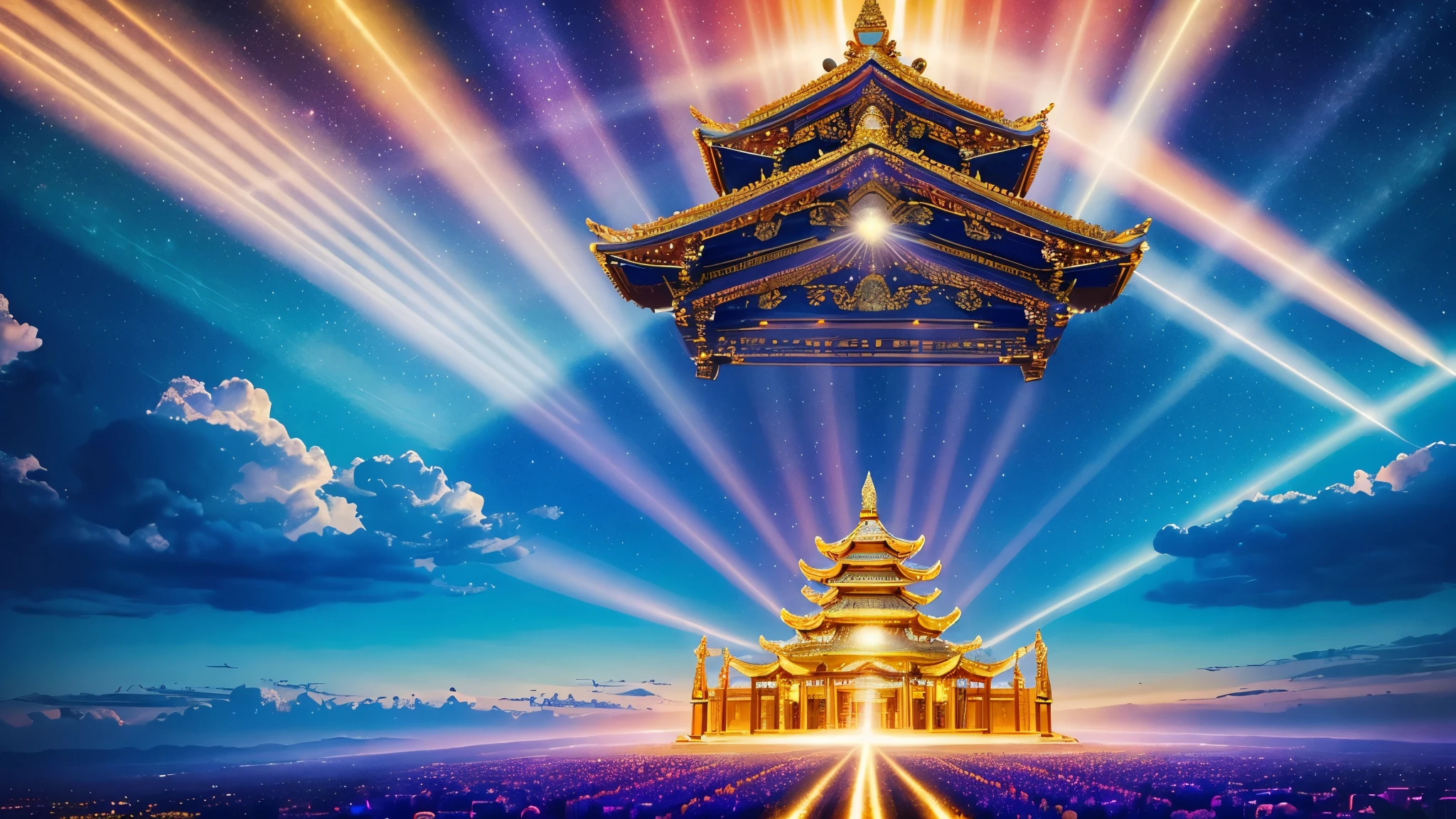  (((A majestic open sky with beams of divine light))) descending upon the throne of Yu, [the Great. The image] exudes a sense of heavenly bestowed power, with celestial figures watching from above. Rendered in a grand and ethereal style, with intricate details and vibrant colors.