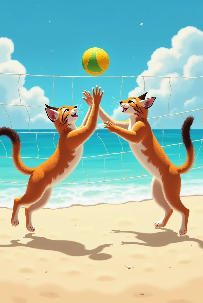 A pair of lynxes playing beach volleyball by the sea inside a sand court, with a volleyball net and a yellow and green ball