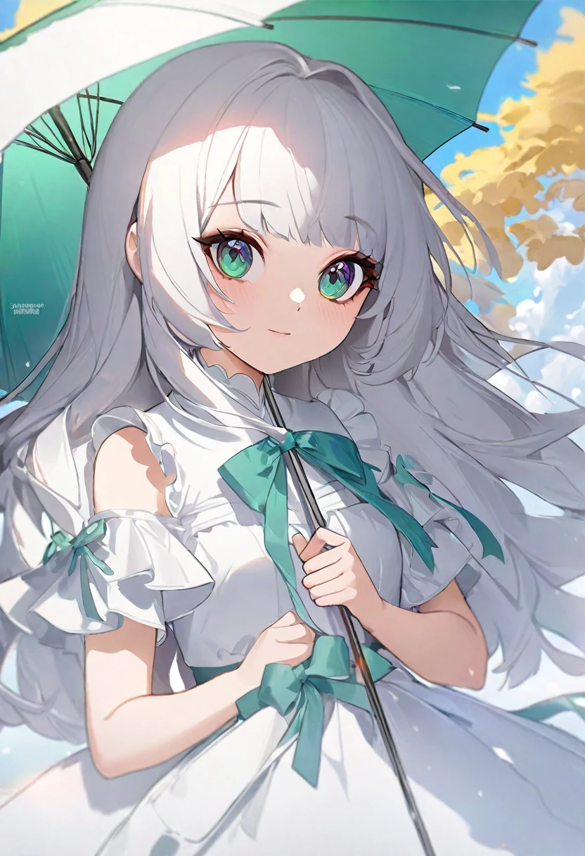 anime girl with umbrella and dress holding a green umbrella, an anime drawing by Kamagurka, pixiv, shin hanga, cute anime waifu in a nice dress, guweiz on pixiv artstation, guweiz on artstation pixiv, zerochan art, trending on artstation pixiv, guweiz, digital art on pixiv