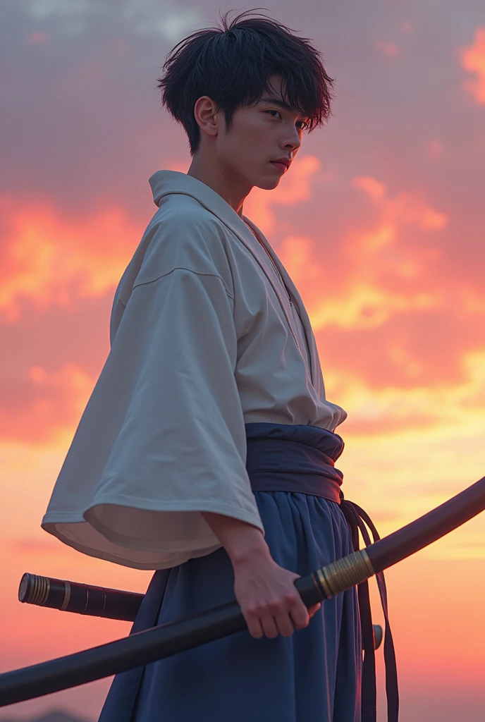 
Around this age１８age。Her thin but well-trained arms can be seen through the sleeves of her clothes.。His hand was taped, concealing a blood blister.。sky of dawn、His hair, the color of a pre-dawn sky, was cut short and neat.。Her narrow eyes, the same color as her hair, were gazing at me with a gentle gaze.。
handsome boy　I'd like a more muscular and cool image.
I want it to be just a man.
No women.。
He is Japanese。And I would like him to be a bit younger.。
nice！Would you like me to draw it next?
And he fights with a naginata.。
And you're wearing a light jacket like a Jinbaori. It's really really good.！
Let's keep the outfit as is！I want you to wear a Jinbaori over your clothes