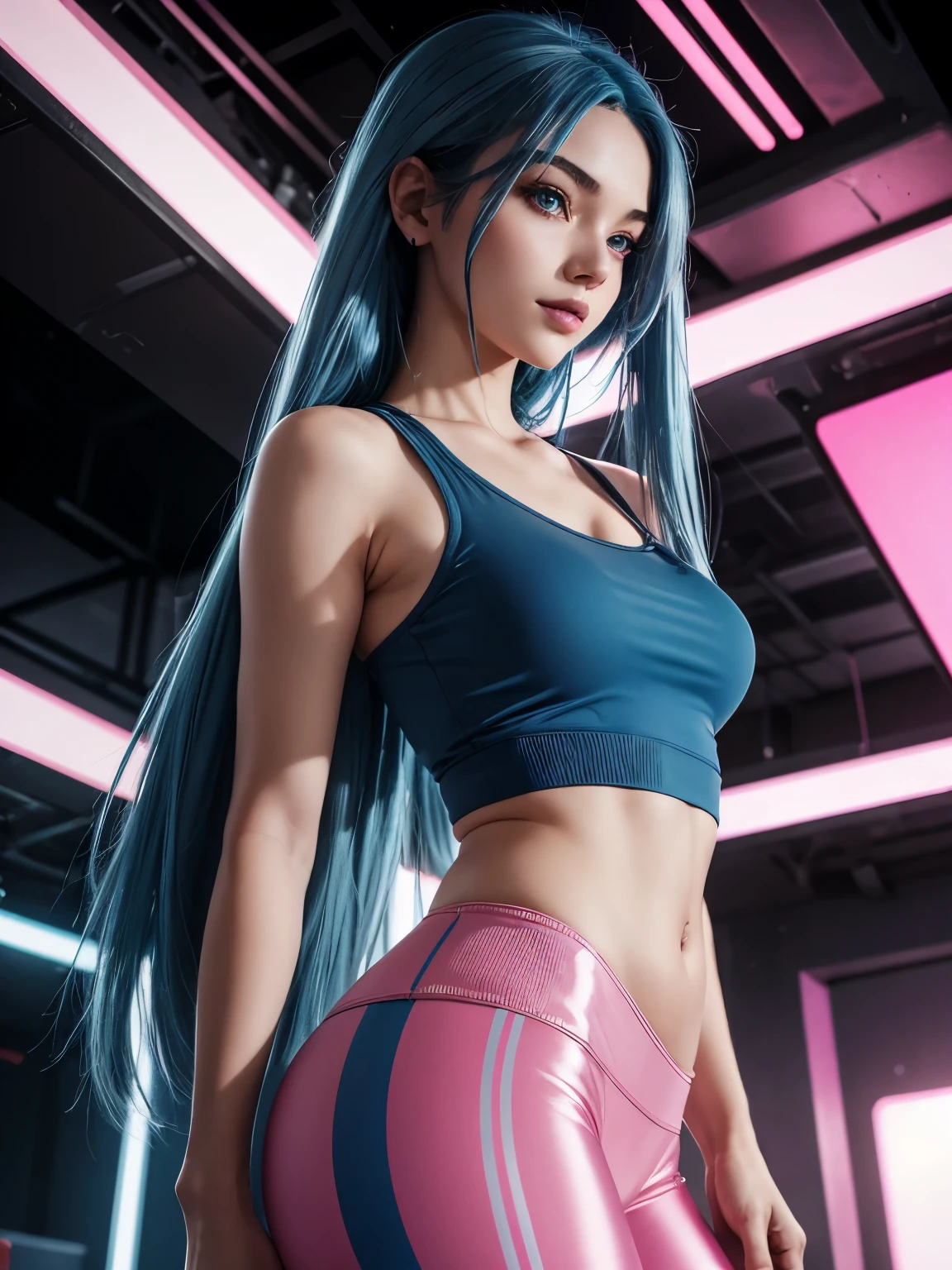 highly detailed, long_Blue_hair, 8k resolution, masterpiece, one girl,(Full figure:1.2), (nine heads and bodies:2.0), (thin hips), (thin and long legs: 2.0), (pumps:1.2), Glossy leather, 25 years, cute sexy beautiful face, smile on your face, long blue hair, pink lips, parted lips, ( Blue hair parted to one side:1.5), High Light, light blue eyes, SEXY FACE, sexy cute young woman, (pink tight leggings :1.3) , (pink tight top :1.3), (complex parts: 1.2), Almond eye, (detailed face), Beautiful smile, My cheeks turned red, firm breasts, slim body shape, athletic waist, athletic toned butt, Beautiful hands, athletic shoulders, look at the audience, a woman poses for a photo, standing facing forward, composition, depicting a line from the knees to the head., spaceship, Neon lighting, add sci-fi, interesting background details