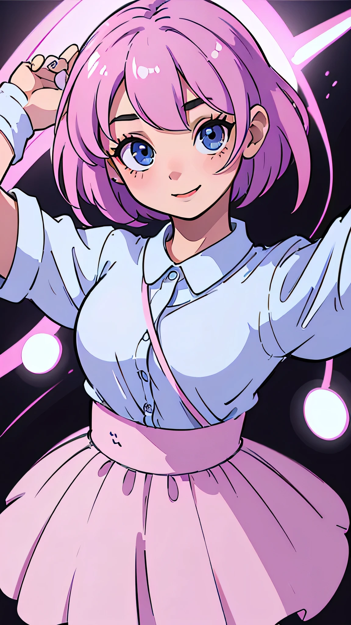 high resolution、high quality、8k、Beautiful girl、Well-formed face、Baby Face、最high qualityのリアルな肌、18-year-old、The best smile、(Pink short-cut hair:1.3)、White sweater、Blue inner shirt、Navy blue long skirt、Blue Eyes、Big Breasts、(corridor:1.2)、Shiny skin、Bright lighting