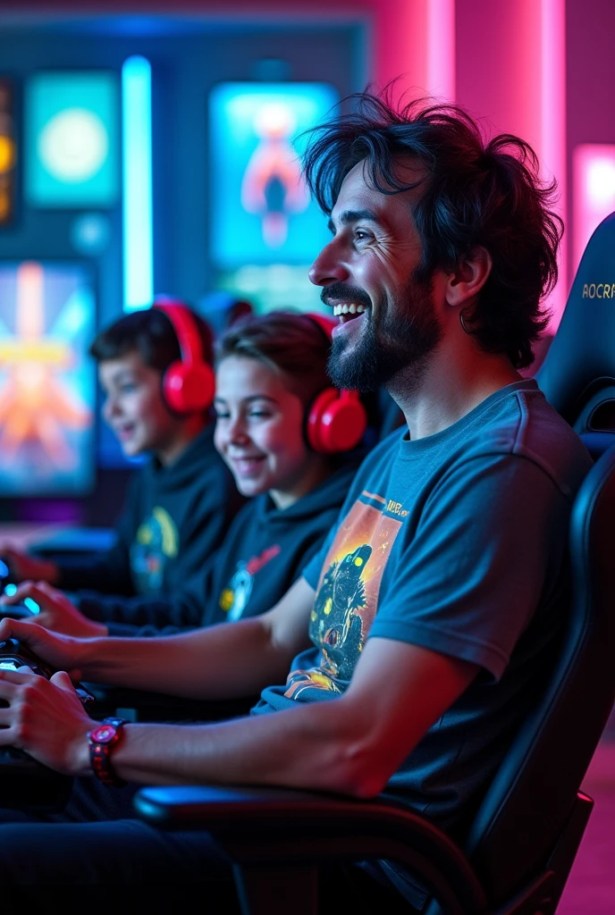 cool uncle and 2 nephew gaming together sci fi and smile