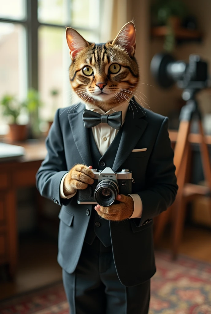 ((masterpiece,best quality, detailed)), Cat,cute,full-body shot,Hold the camera,Personification,Suit,bow tie,Photographer image,Cat摄影师,in office