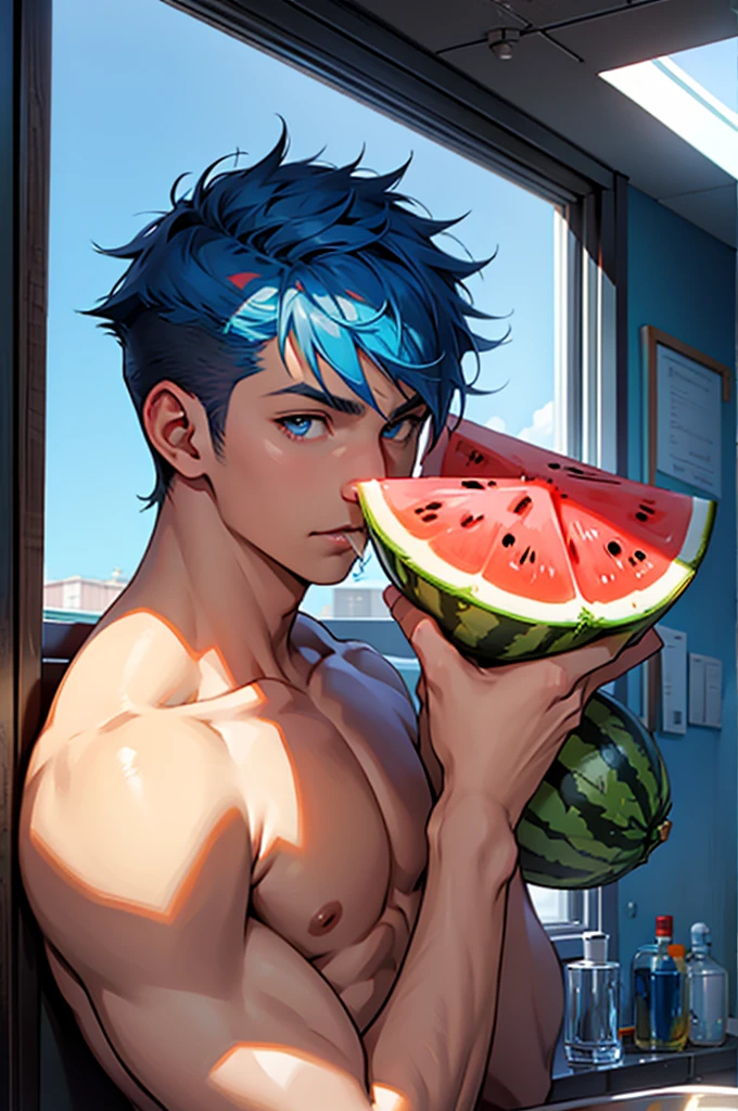 male,blue hair,Short Hair,Handsome,sharp eyes,summer vacation,eating water melon,in room,