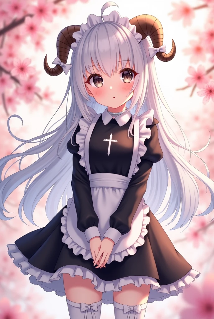 an anime girl,She has white hair with strands of hair that have small lamb horns that have small white bows on the sides, a cute face with big black eyes and a small mouth without presenting any expression. She has large arm warmers from the shoulder to the fingers, their color is black and she wears black maid clothes, and on the shirt she has a white cross. Her attire is black and white, she has a small black necklace and for pants she wears a skirt with white stockings. The stockings have little ribbons that are by the knee. At the back of her hair she has white strands sticking out, giving her a very cute and pretty touch. Her face has blush and makes her face very tender and cute.