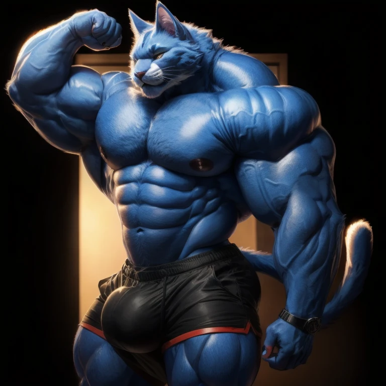 furry growth, exaggeratedly big Bulge, hyper growth, hyper muscles, a cat, cute, blue cat, shirtless, shorts, muscular, on a black background,