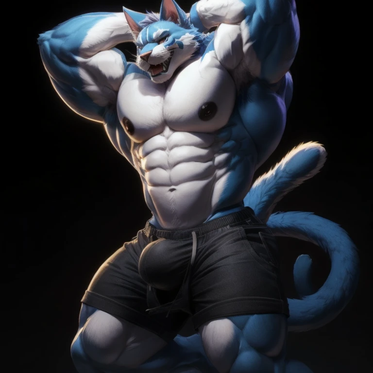 furry growth, exaggeratedly big Bulge, hyper growth, hyper muscles, a cat, cute, blue cat, shirtless, shorts, muscular, on a black background,