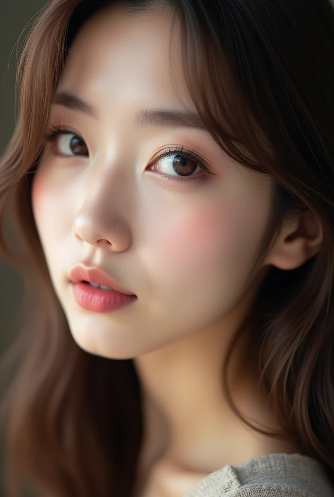 Round eyes、Clear double eyelids、Brown eyes、Long eyelashes、Rounded outline、Realistic Photo, 20 year old Japanese woman,Brown Hair、A light smile、Straight Long Hair、Thick lips、Heavy makeup