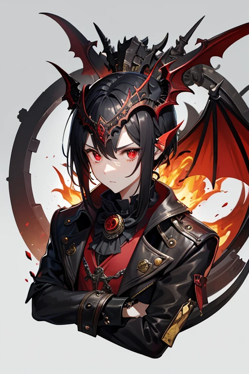 Steampunk demonic dragon mask object black color red eyes looking front gray background