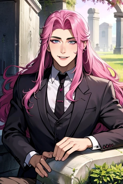 Perfect face. Perfect hands. A pink haired man with violet eyes and long hair is exploring a cemetery in a fancy suit with a big smile