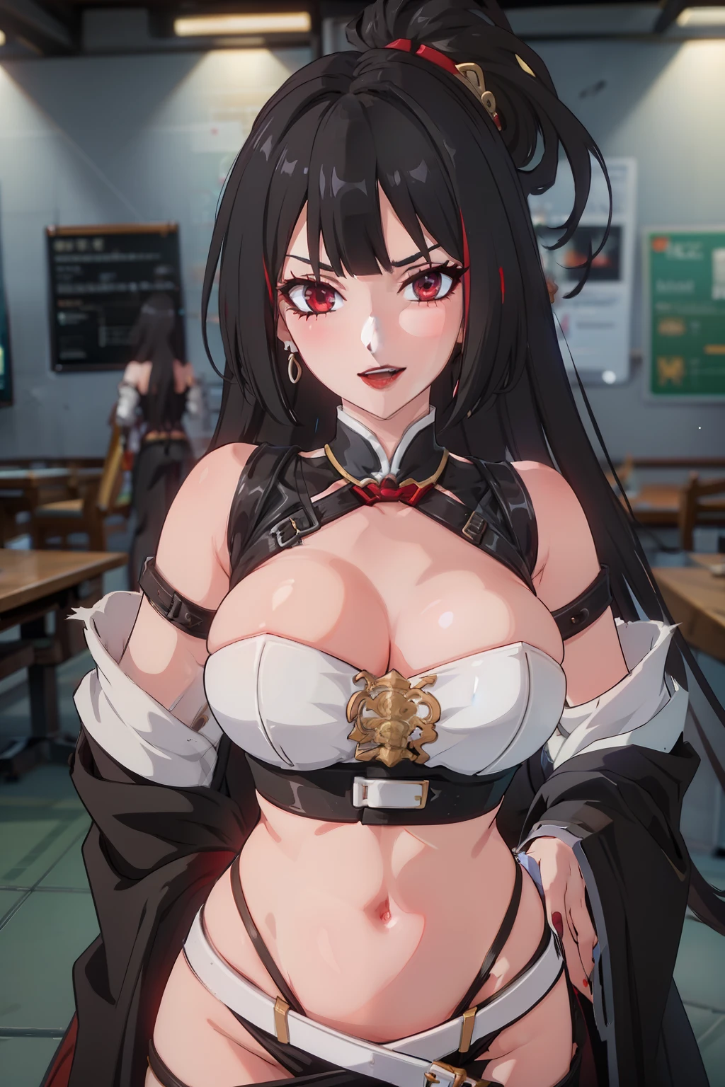 1girl,black hair,red nails, long hair, large breast, blush, lipstick,,jewelry, earrings, Hot girl, baddie, bad attitude, mean girl, crazy, smoking, sensual, attractive , masterpiece, best quality, highly detailed, fantasy , a anime girls in armored dress holding a sword
posing for a picture, evil smile, smile, open mouth, breastplate with open cleavage, cleavage, warrior
outfit, ecchi anime style, anime girls, ecchi style, (nsfw) not safe for work, ecchi, digital anime art!!, in
anime style, official artwork, visual novel cg, beautiful anime girl, anime style 4 k , loincloth, exposed
belly, exposed navel, exposed midriff, exposed lower belly, pencil skirt armored, castle,inside castle