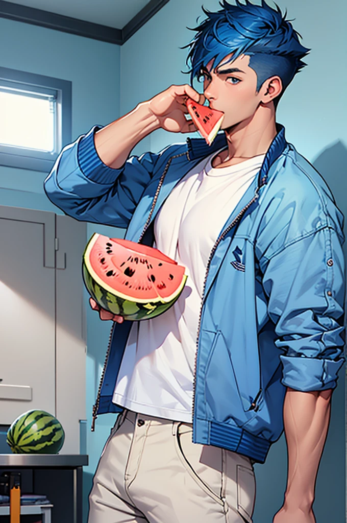 male,blue hair,Short Hair,Handsome,sharp eyes,white T shirts,blue jacket,half pants,eating water melon,in room,