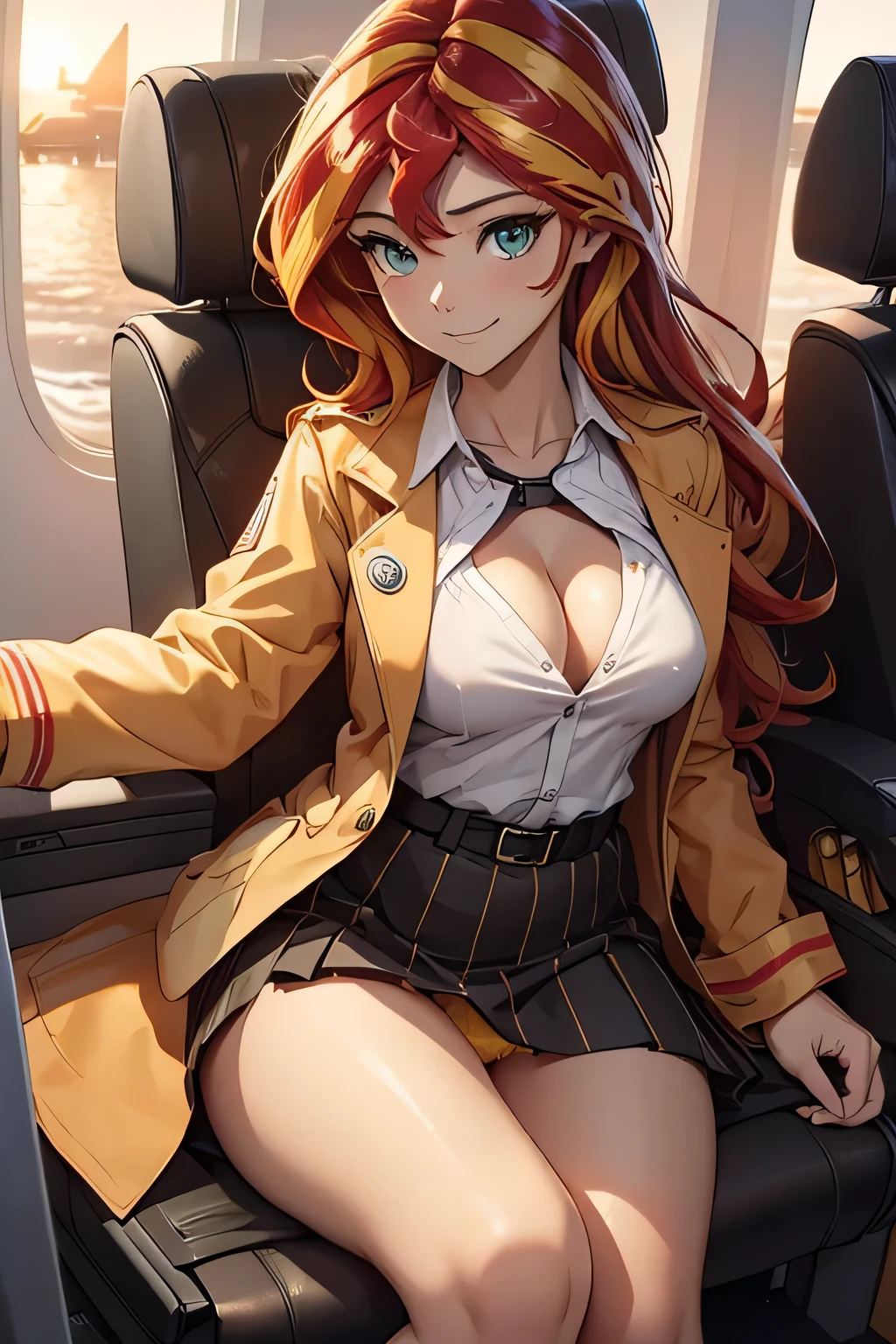 Sunsethuman, Sunset Shimmer, Sunset Shimmer from my little pony, Sunset Shimmer in the form of a girl, medium breasts, lush breasts, voluminous breasts, elastic breasts, five fingers, detailed hands, two hair tones, red-yellow hair, seductive smile, skirt, shirt, white button up shirt, jacket, open shirt, revealing breasts, flashing, airplane interior, sitting in airplane seat, seated, on an airplane, ( panties, yellow panties)