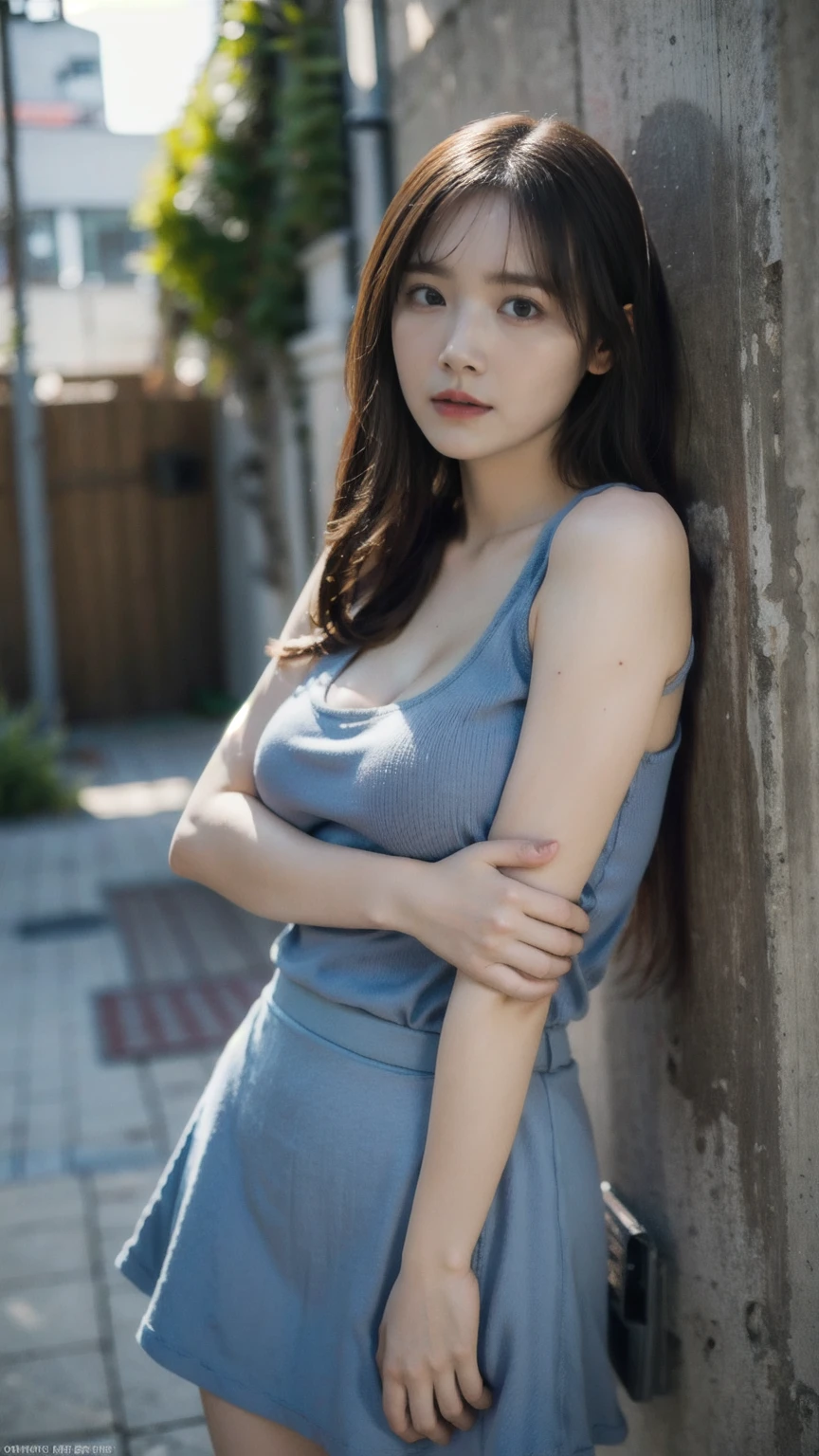((1girl)), woman, masterpiece, best quality, highest quality, cinematic lighting, (volumetric lighting), extremely detailed CG unity 8k wallpaper, focused, 8k wallpaper, extremely detailed, ultra realistic, photorealistic, sharp focus, absurdres, (HDR:1.2), (high contrast), photograph, detailed and intricate, instagram, portrait, highly detailed, digital painting, artstation, concept art, smooth, sharp focus, illustration, cinematic lighting, (big breast:1.3), (((skinny, slim legs))), (japanese idol posture), (knit strap tank top, mini skirt, open shoulder, open chest, cleavage), looking at the viewer, ((indian pose)), ((Medium body shot, hip level shot)), long hair, ((leaning on a wall)), beautiful eyes.