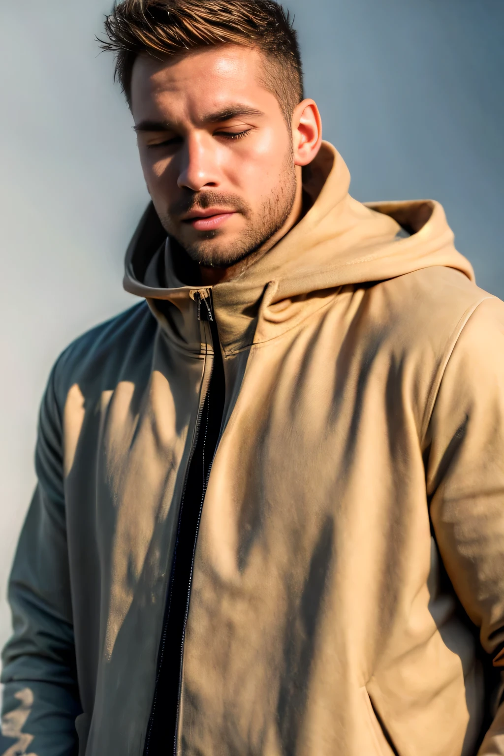 (best quality:2.0), real, photo, 30-year-old male,Wearing a yellow hooded coat, solo, The hood is pulled down so the face cannot be seen, white background, Mouth closed,shoot from front,