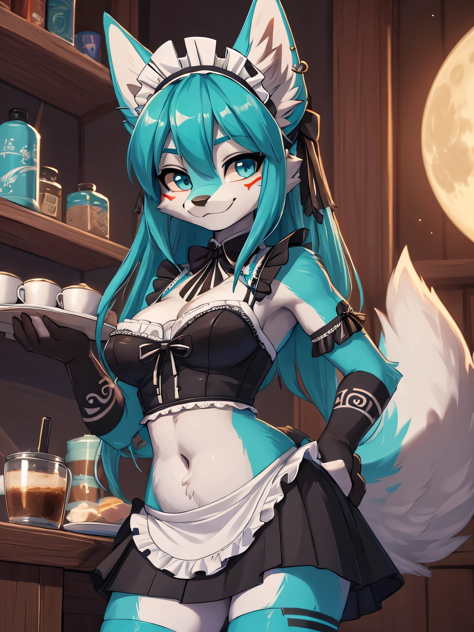 Miku Hatsune, add high definition_detail:1, blue fur,kitsune ears, tribal tattoo add_detail:1, posing during a full moon showing off her beautiful figure and her outfit. (Maid lingerie, maid mini skirt)sweaty body add_details:1, smiling add_detailsl:1, ear piercing add_detail:1, in a coffeshop, chapetes sonrojada, sonrojada de vergüenza, cara avergonzada add_detail 