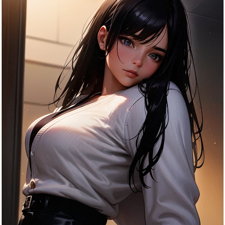 masterpiece, Best quality, ultra high resolution (Realism: 1.4), Original photo, Lens 35mm, диафрагма F1.4, movie poster, Light and shadow, Young woman, In a white cardigan, long black hair, Real leather, (Skin detail: 1.3),