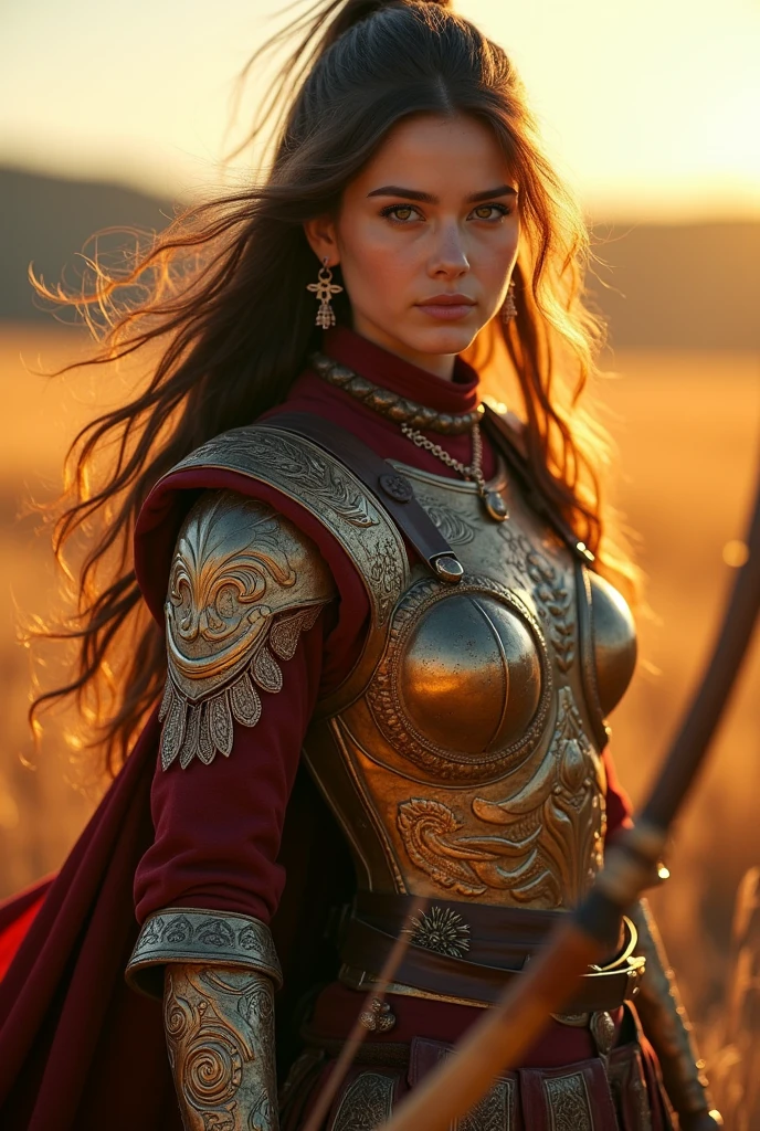 A sexy Mongolian steppe warrior girl, intricate detailed armor, fur cloak, beautiful detailed eyes, beautiful detailed lips, extremely detailed face and skin, flowing wavy hair, strong powerful posture, holding a traditional Mongolian recurve bow, vast grassy steppe landscape background, golden hour lighting, dramatic lighting, vibrant colors, cinematic composition, photorealistic, (best quality,8k,highres,masterpiece:1.2),ultra-detailed,(realistic,photorealistic,photo-realistic:1.37),cinematic,dramatic,concept art style