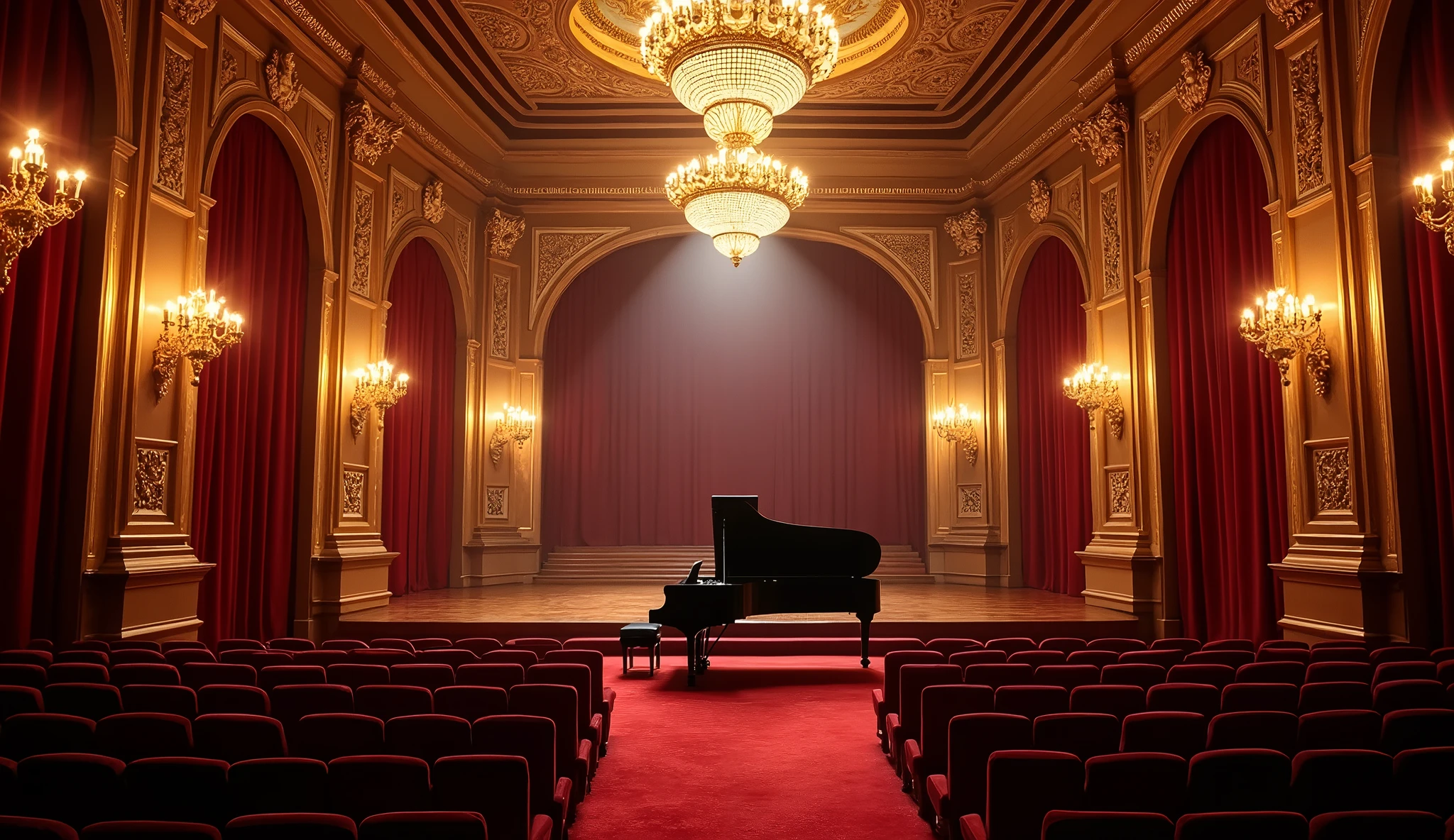 concert hall, with beautiful piano,