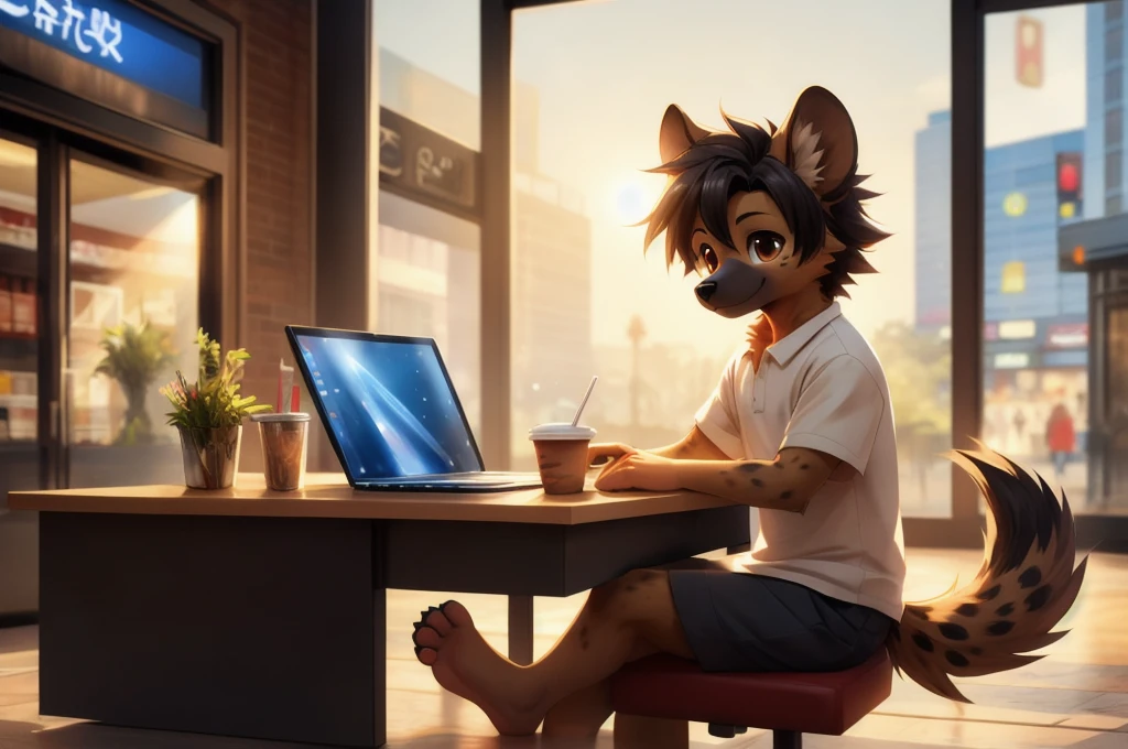 masterpiece,3d,Cute anthropomorphic hyena,looking at the camera,Sitting at a desk, Working on your laptop,There is iced coffee on the desk.,Highest quality,Brown eyes,feet,hair,A bustling shopping mall is in the background,Manga Style,白hair、alone, Animal ears, close, Background Blur, Animal ears, Digital Art, The midday sun streams in through the window