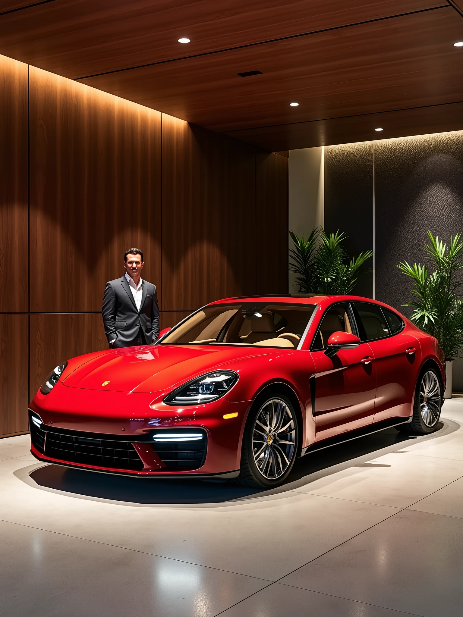  1.0 - Official Release"  Precision - SDXL LoRA"  Interiors - SDXL LoRA"  A Carmine Red Porsche Panamera Turbo S E-Hybrid is parked in an ultra-luxurious garage, where every detail exudes opulence and sophistication. The garage floor is made of polished concrete, reflecting the sleek curves of the car and creating a mirror-like effect. The walls are lined with elegant, dark wood panels, interspersed with sections of exposed carbon fiber and glass, giving the space a modern yet timeless feel. Overhead, soft, recessed lighting casts a warm, golden glow, highlighting the carbon fiber wheels and the chrome accents of the Porsche. The panoramic sunroof allows the ambient lighting to play across the car’s beige leather interior with Carmine Red stitching, showcasing the meticulous craftsmanship. To the side, a vintage leather armchair and a glass coffee table with a decanter of fine whiskey suggest a space designed not just for cars, but for relaxation and contemplation. | André stands beside the car, his hand resting casually on the carbon fiber trim of the door. He is dressed in a tailored slim-fit charcoal gray suit that matches the modern luxury of the environment. His posture is relaxed, with one hand in his pocket and a slight smile on his face, as if appreciating the quiet elegance of the space. The camera captures this scene from a low-angle wide shot, emphasizing the grandeur of the garage and the dominance of the Porsche within it. A 50mm lens with an aperture of f/1.4 is used to achieve a soft, cinematic bokeh effect, keeping the focus on André and the car while subtly blurring the background. The camera slowly zooms in, focusing first on the car’s intricate details, then shifting to André’s composed expression, and finally on the luxurious surroundings. A warm filter enhances the rich tones of the wood, leather, and car finish, creating an atmosphere of understated luxury and exclusivity