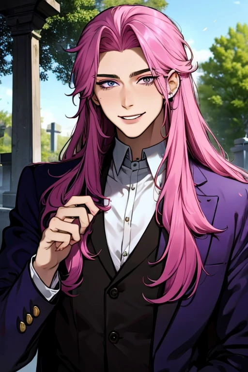 Perfect face. Perfect hands. A pink haired man with violet eyes and long hair is exploring a cemetery in a fancy suit with a big smile