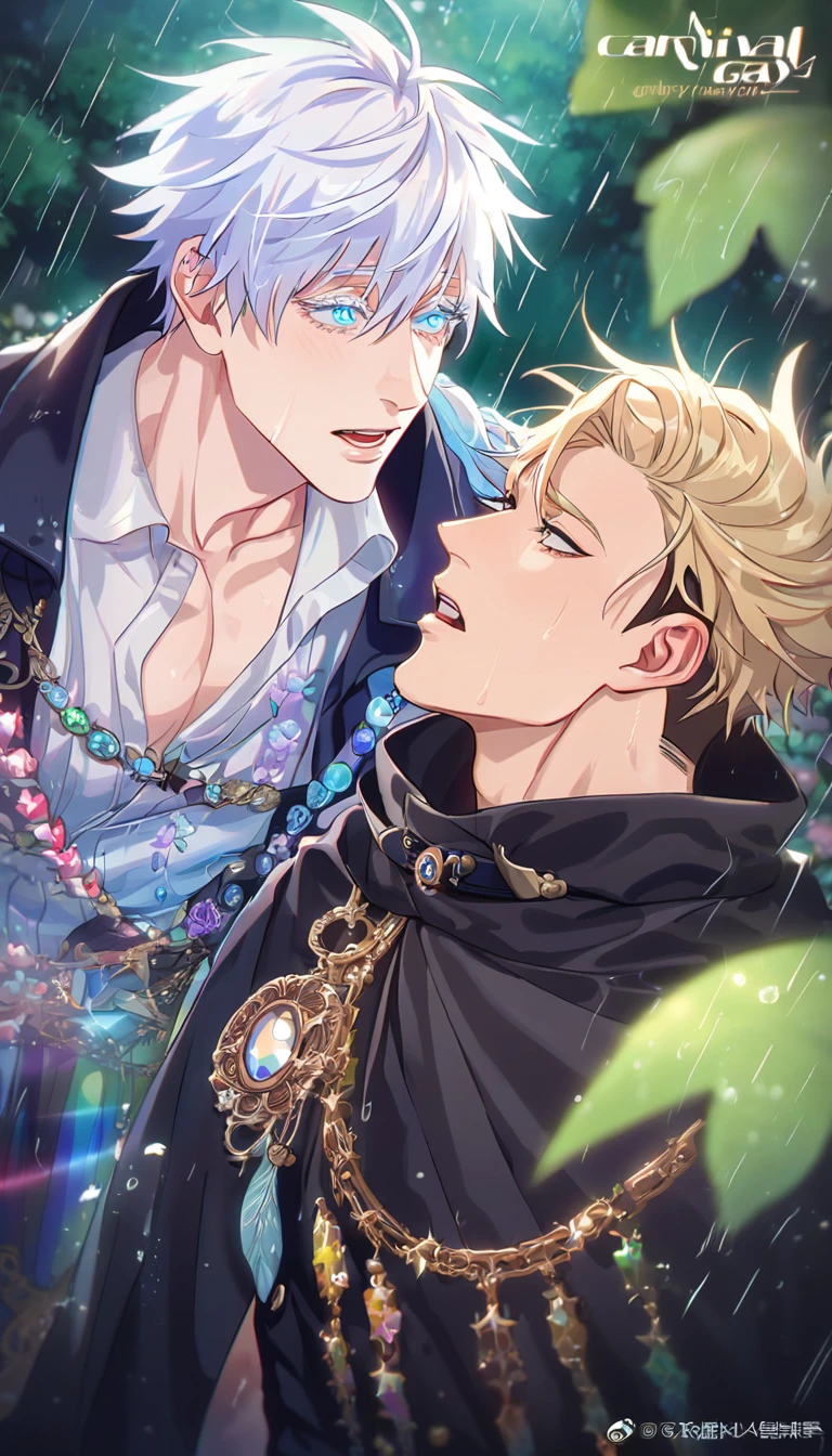 absurdres, highres, ultra detailed, HDR, master piece, best quality, extremely detailed, detailed eyes, Gojou Satoru, white hair, expressive blue eyes, white eyelashes, Jujutsu Kaisen, Quincy, blonde hair, expressive amber eyes, Nu Carnival, two sexy men together, yaoi, gay couple, handsome, fantasy, accessories, black cape with fur, showing the chest, fantasy clothes, spring, flowers, green leaves, magical forest, dark fantasy, rain, night