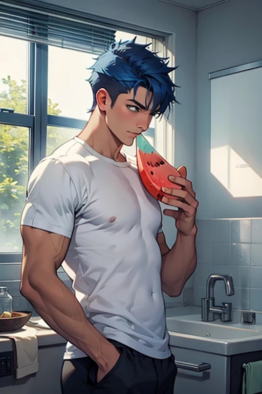 male,blue hair,Short Hair,Handsome,sharp eyes,white T shirts,half pants,BREAK eating water melon,BREAK in room,