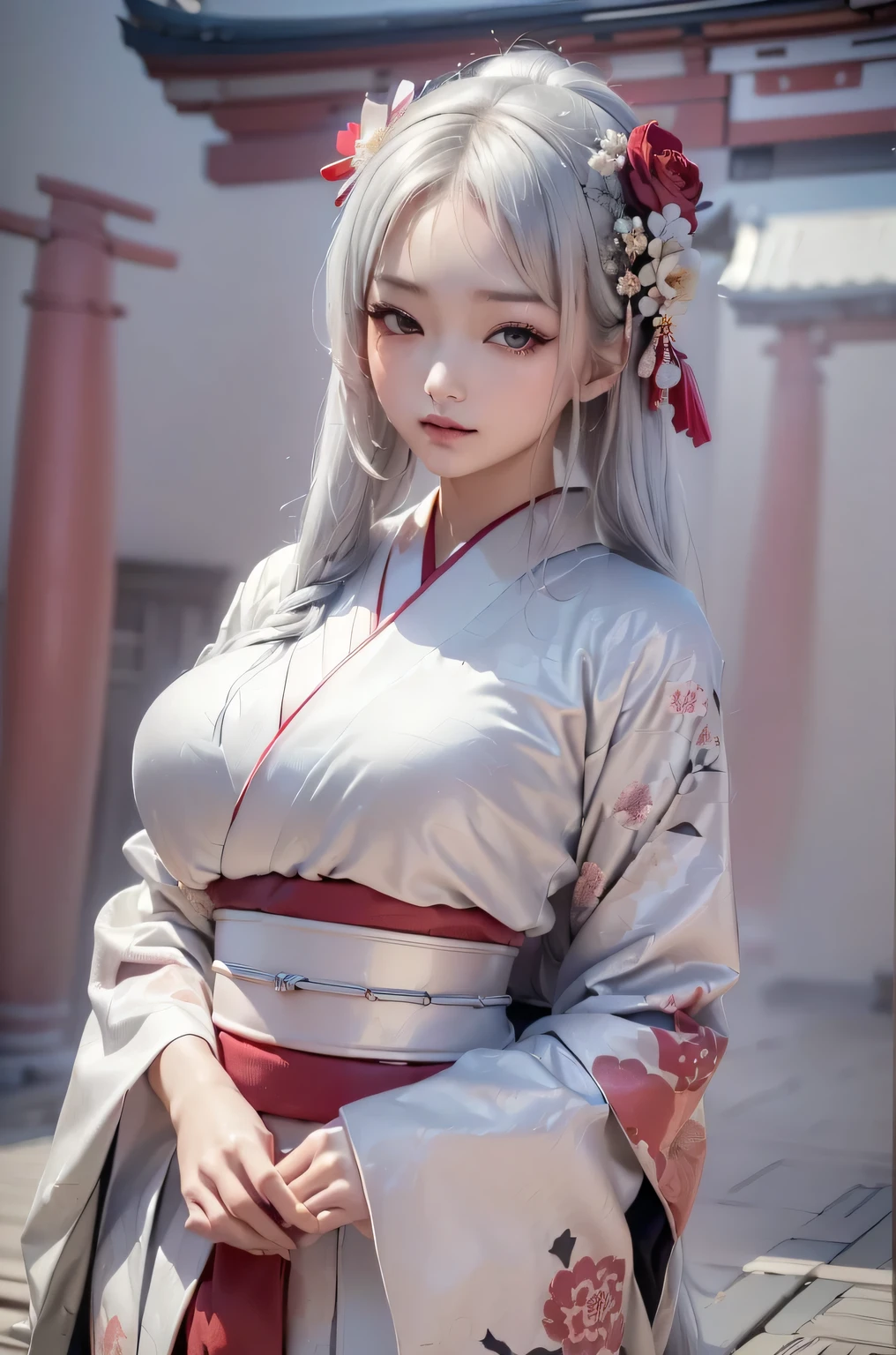 ((masterpiece:1.5,Highest quality,Beautiful images、Abstract、artistic、)(One person, solo)(large breasts, Silver Hair、Long Hair、kimono, japanese cloth,Flower pattern kimono、Black and red kimono)(Profile portrait,Look at me sideways、Look at an angle、shake your head、Sad look,)(Beautiful background)((from the front:1.3)).face, style