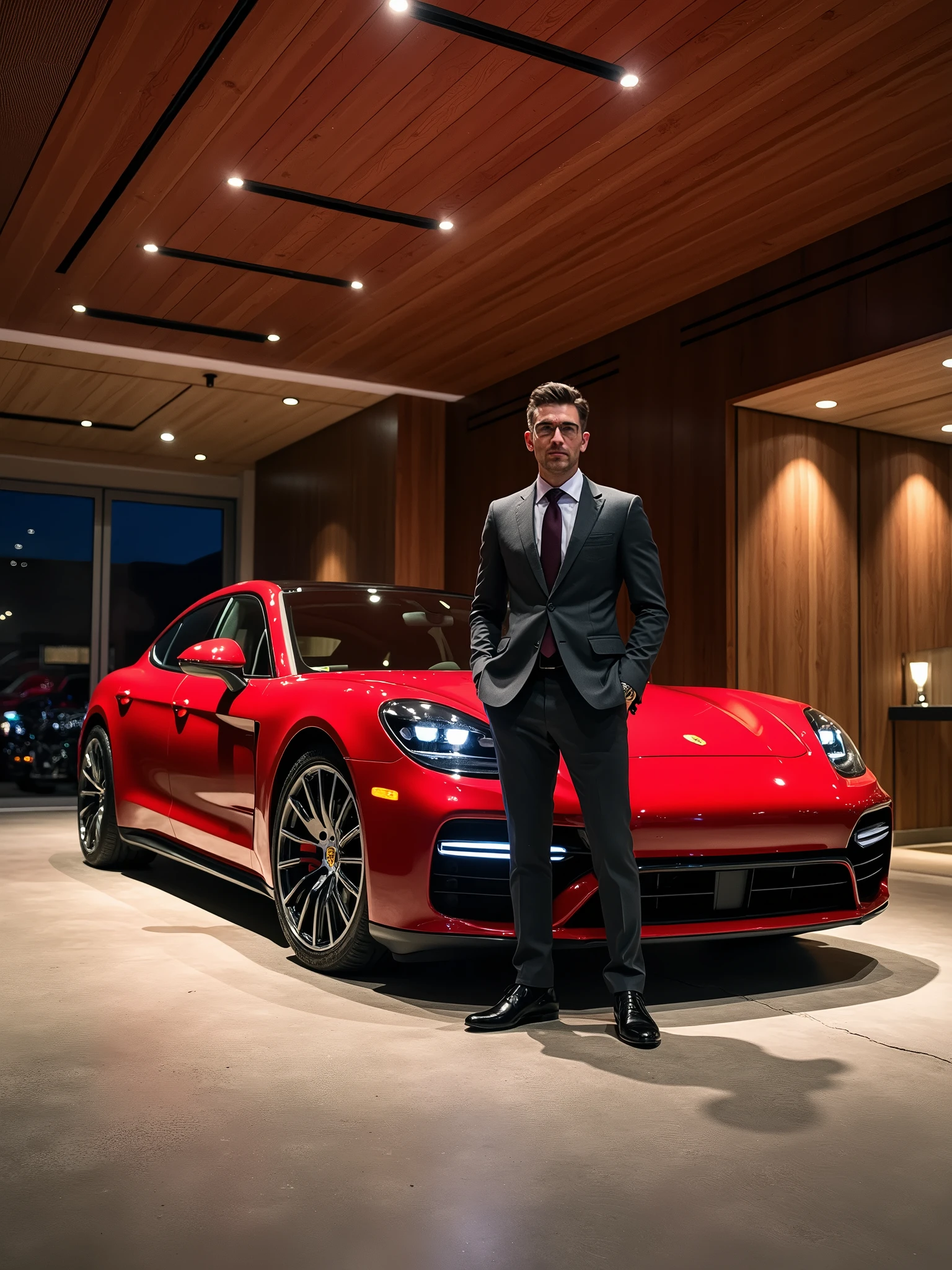 1.0 - Official Release" Precision - SDXL LoRA" Interiors - SDXL LoRA" A Carmine Red Porsche Panamera Turbo S E-Hybrid is parked in an ultra-luxurious garage, where every detail exudes opulence and sophistication. The garage floor is made of polished concrete, reflecting the sleek curves of the car and creating a mirror-like effect. The walls are lined with elegant, dark wood panels, interspersed with sections of exposed carbon fiber and glass, giving the space a modern yet timeless feel. Overhead, soft, recessed lighting casts a warm, golden glow, highlighting the carbon fiber wheels and the chrome accents of the Porsche. The panoramic sunroof allows the ambient lighting to play across the car’s beige leather interior with Carmine Red stitching, showcasing the meticulous craftsmanship. To the side, a vintage leather armchair and a glass coffee table with a decanter of fine whiskey suggest a space designed not just for cars, but for relaxation and contemplation. | André stands beside the car, his hand resting casually on the carbon fiber trim of the door. He is dressed in a tailored slim-fit charcoal gray suit that matches the modern luxury of the environment. His posture is relaxed, with one hand in his pocket and a slight smile on his face, as if appreciating the quiet elegance of the space. The camera captures this scene from a low-angle wide shot, emphasizing the grandeur of the garage and the dominance of the Porsche within it. A 50mm lens with an aperture of f/1.4 is used to achieve a soft, cinematic bokeh effect, keeping the focus on André and the car while subtly blurring the background. The camera slowly zooms in, focusing first on the car’s intricate details, then shifting to André’s composed expression, and finally on the luxurious surroundings. A warm filter enhances the rich tones of the wood, leather, and car finish, creating an atmosphere of understated luxury and exclusivity