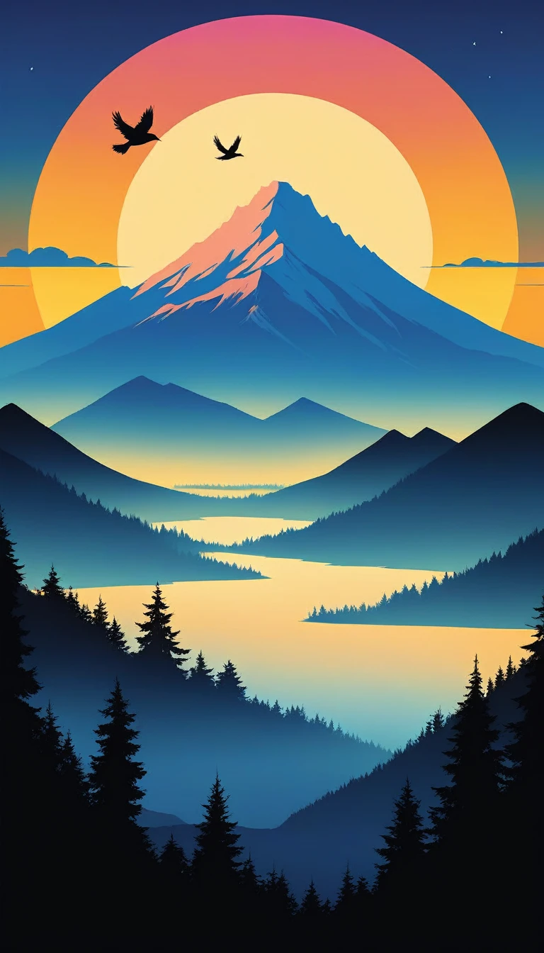 a captivating T-shirt illustration featuring a serene sunrise over a mountain range. The scene should be depicted in a minimalist style, using only a single color contrast to create a striking visual effect. Imagine the sun peeking over the horizon, casting its light over the peaks and valleys of the mountains. The use of negative space should highlight the contrast between the illuminated areas and the shadows, creating a sense of depth and tranquility.

Incorporate elements such as a few birds flying across the sky and perhaps a lone tree on a distant peak to add interest without complicating the design. The overall aesthetic should evoke a sense of calm and natural beauty, perfect for a simple yet powerful T-shirt graphic. Ensure the design is versatile and can be easily printed on various T-shirt colors, emphasizing the elegance of the single-color contrast