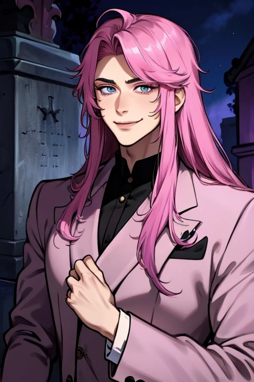 Perfect face. Perfect hands. A pink haired man with violet eyes and long hair is exploring a cemetery in a fancy suit with a big smile