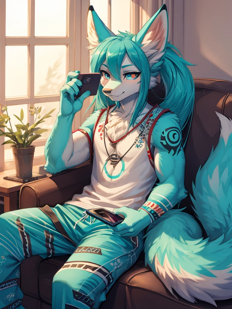 Miku Hatsune, add high definition_detail:1, blue fur,kitsune ears, tribal tattoo add_detail:1, sitting in an armchair, checking his cell phone in his pajamas