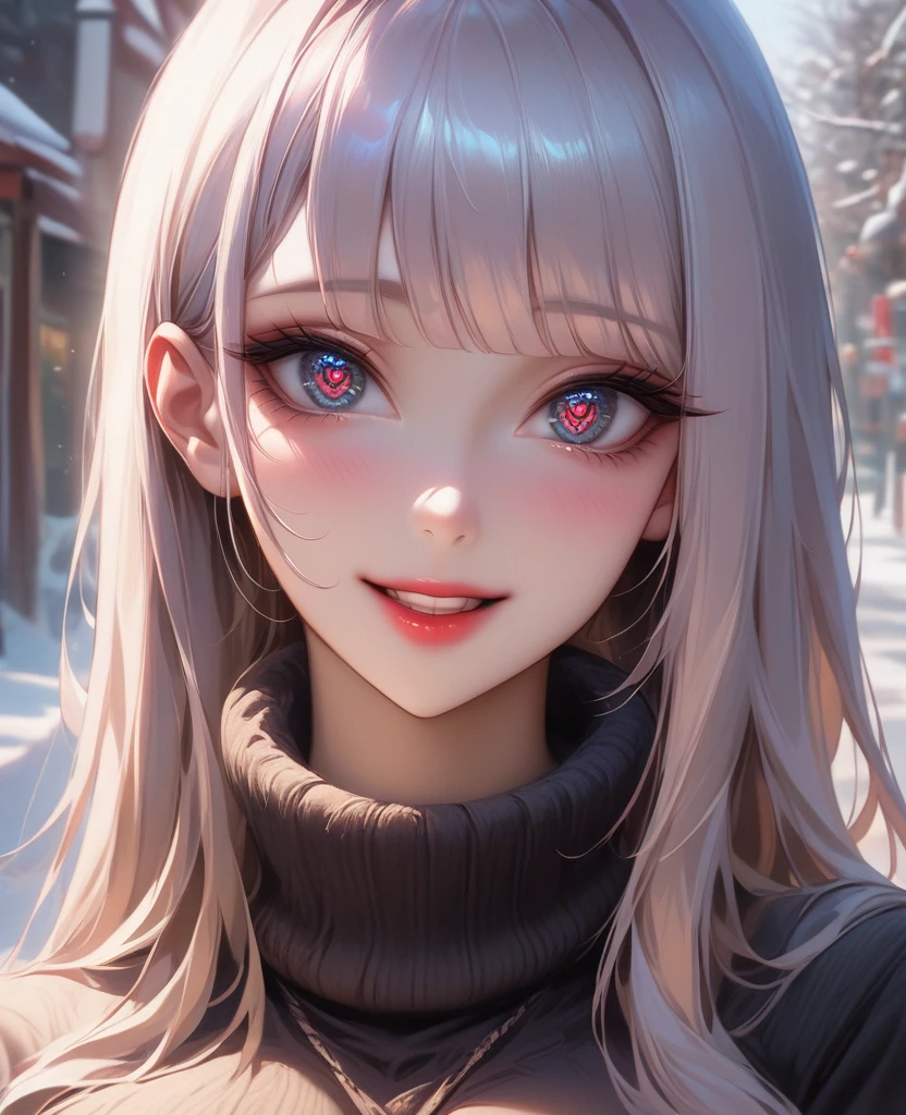 (table top, highest quality、high detail:1.1、Very attractive adult beauty、Adds intense highlights to the eyes、backwards、look back、Beautiful woman full of adult charm、perfect anatomy、I hear a silver voice、long hair、shiny hair、lip gloss),1 girl, alone, realistic、Please tilt your head slightly, short and shiny hair、 knit sweater、stylish muffler,bangs、Big eyes、eyelash、face is a little red、embarrassing)、((Road system in Italy in winter、Absolutely beautiful bangs:1.4))、Big eyes、Give students very powerful highlights、(huge breasts:1.4}、very big breasts、very beautiful beauty、please show me your ears、long neck、smile a little、beautiful teeth、open your mouth and smile、heart shaped eyes))、28 years old、very cute super model、expensive