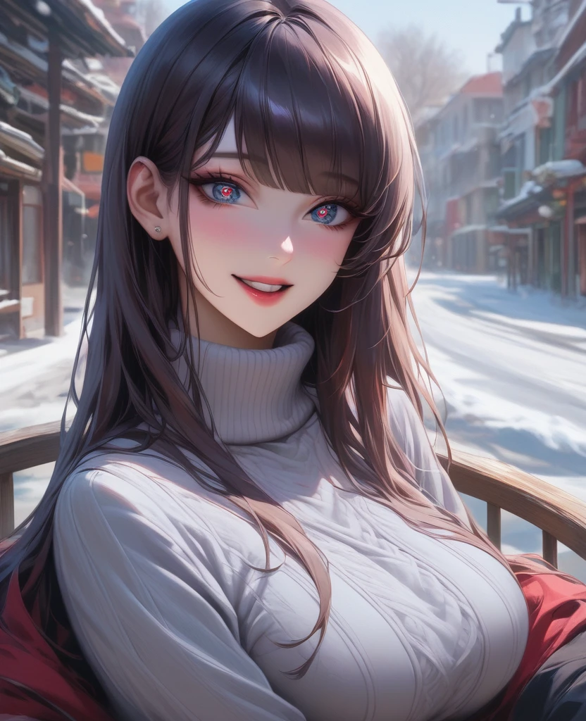 (table top, highest quality、high detail:1.1、Very attractive adult beauty、Adds intense highlights to the eyes、backwards、look back、Beautiful woman full of adult charm、perfect anatomy、I hear a silver voice、long hair、shiny hair、lip gloss),1 girl, alone, realistic、Please tilt your head slightly, short and shiny hair、 knit sweater、stylish muffler,bangs、Big eyes、eyelash、face is a little red、embarrassing)、((Road system in Italy in winter、Absolutely beautiful bangs:1.4))、Big eyes、Give students very powerful highlights、(huge breasts:1.4}、very big breasts、very beautiful beauty、please show me your ears、long neck、smile a little、beautiful teeth、open your mouth and smile、heart shaped eyes))、28 years old、very cute super model、expensive