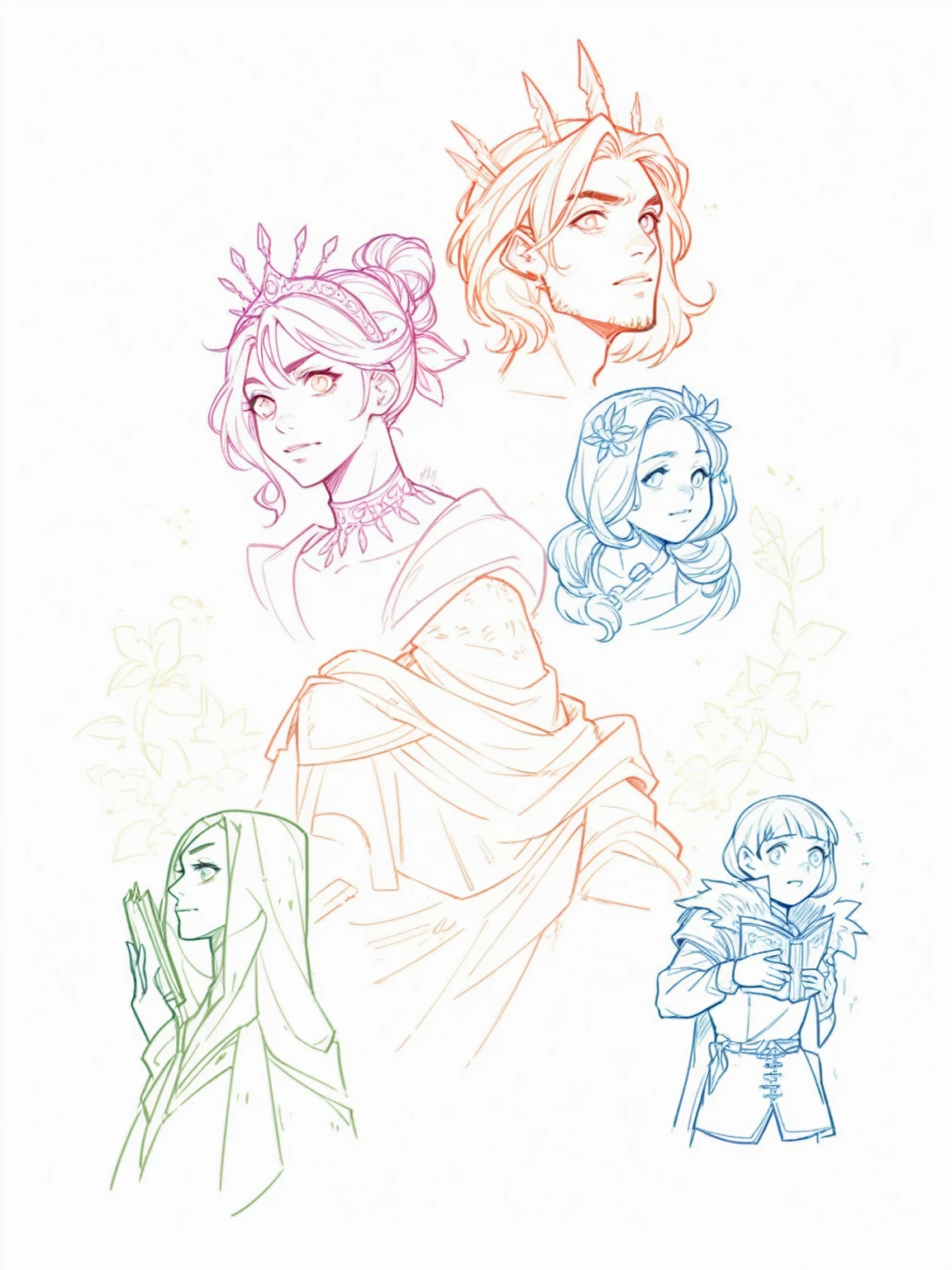 a group of eight characters with different hair styles, random characters, d&d characters, d&d art style, l critical role, several character designs, dungeons and dragons portrait, d&d portrait, characters merged, concept headshot art, clean anime outlines, colored, medieval era, anime, novel cover, book cover