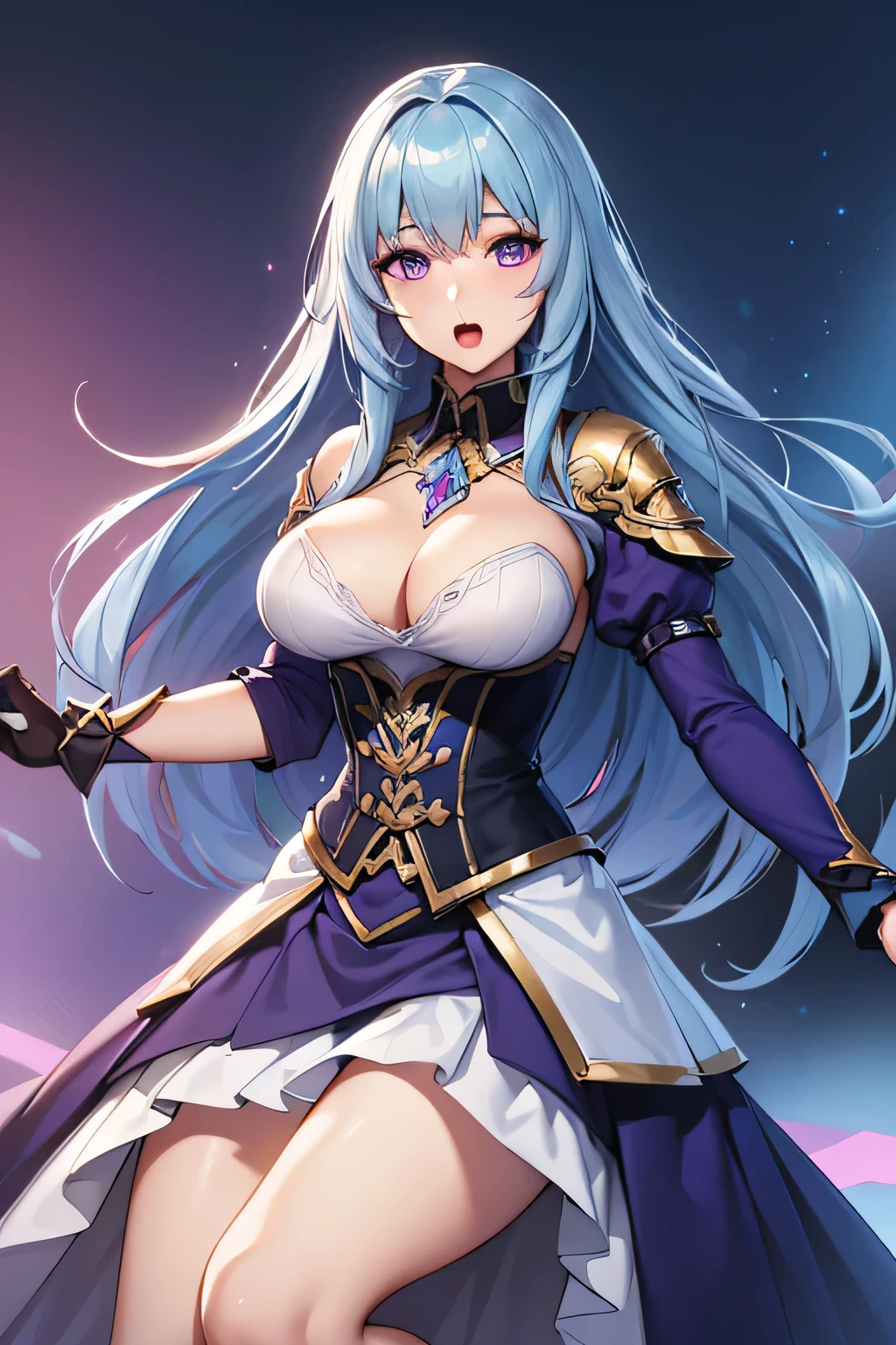 ,(highest quality:1.4),unreal engine,masterpiece,super resolution, very detailed, 1 woman,big breasts, waist, thin, open mouth,(muscular:0.8) ,(light blue long hair:1.1),aroused,purple eyes