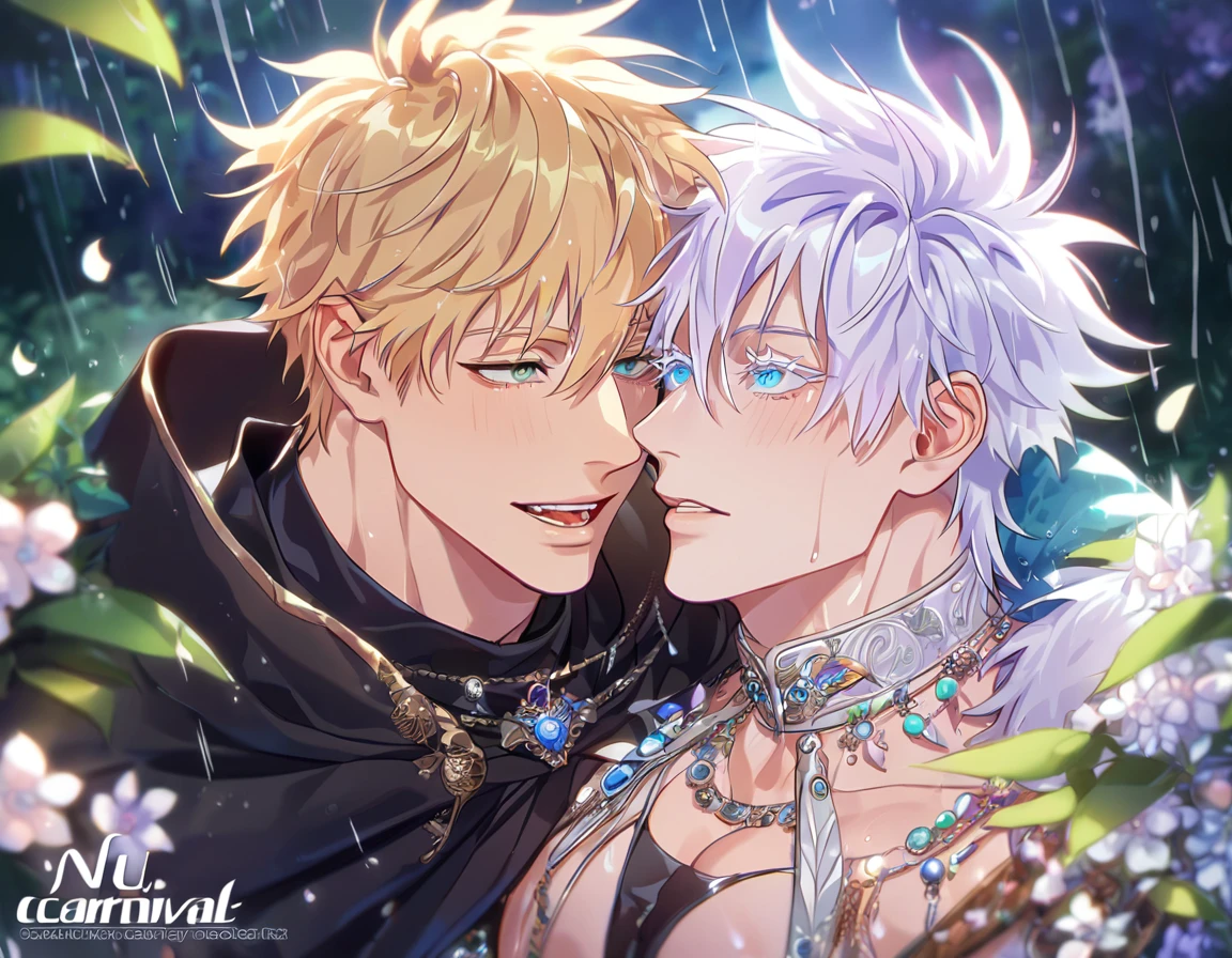 absurdres, highres, ultra detailed, HDR, master piece, best quality, extremely detailed, detailed eyes, Gojou Satoru, white hair, expressive blue eyes, white eyelashes, Jujutsu Kaisen, Quincy, blonde hair, expressive amber eyes, Nu Carnival, two sexy men together, yaoi, gay couple, handsome, fantasy, accessories, black cape with fur, showing the chest, fantasy clothes, spring, flowers, green leaves, magical forest, dark fantasy, rain, night